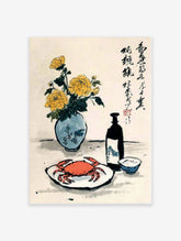 Traditional Chinese Still Life Art print with a red crab, yellow chrysanthemums in a vase, wine bottle, and cup.