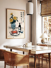 Traditional Chinese Still Life Art print with a red crab, yellow chrysanthemums in a vase, wine bottle, and cup. - Image 3