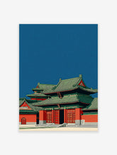 Traditional Chinese temple wall art illustration with red walls and green tiled roofs against a deep blue sky, Asian architecture.