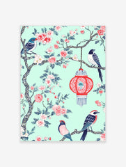 Chinoiserie wall art with three birds, pink flowers, and a red lantern on a mint green background