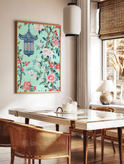 Chinoiserie style art print with blue pagoda lantern, pink and white flowers, green leaves on mint, in a styled room mockup
