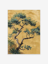 Chinoiserie tree illustration with green and blue leaves, gnarled trunk, on a golden-yellow textured background
