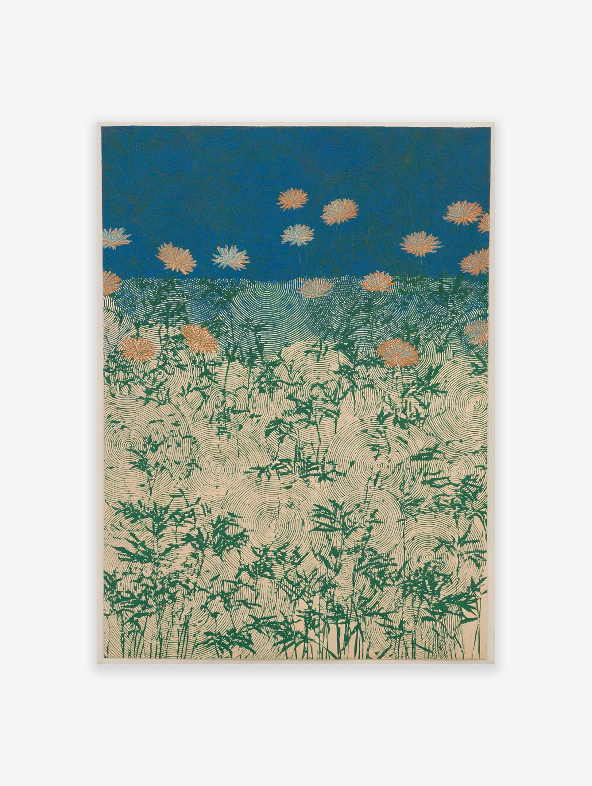 Stylized Japanese Chrysanthemum Field poster with orange flowers, green plants, and swirling patterns on a blue sky and beige ground.