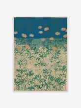 Stylized Japanese Chrysanthemum Field poster with orange flowers, green plants, and swirling patterns on a blue sky and beige ground.
