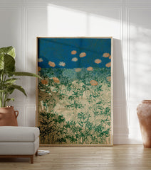 Stylized Japanese Chrysanthemum Field poster with orange flowers, green plants, and swirling patterns on a blue sky and beige ground. - Image 3