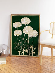 Japanese chrysanthemum botanical illustration art print with white and gold flowers on a deep green background. - Image 2