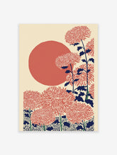 Japanese Chrysanthemum Wall Art with red flowers, dark blue stems, and a large red sun on a cream background.