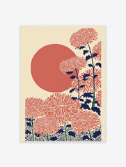 Japanese Chrysanthemum Wall Art with red flowers, dark blue stems, and a large red sun on a cream background.