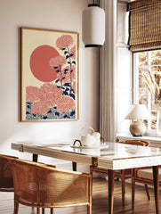 Japanese Chrysanthemum Wall Art with red flowers, dark blue stems, and a large red sun on a cream background. - Image 2