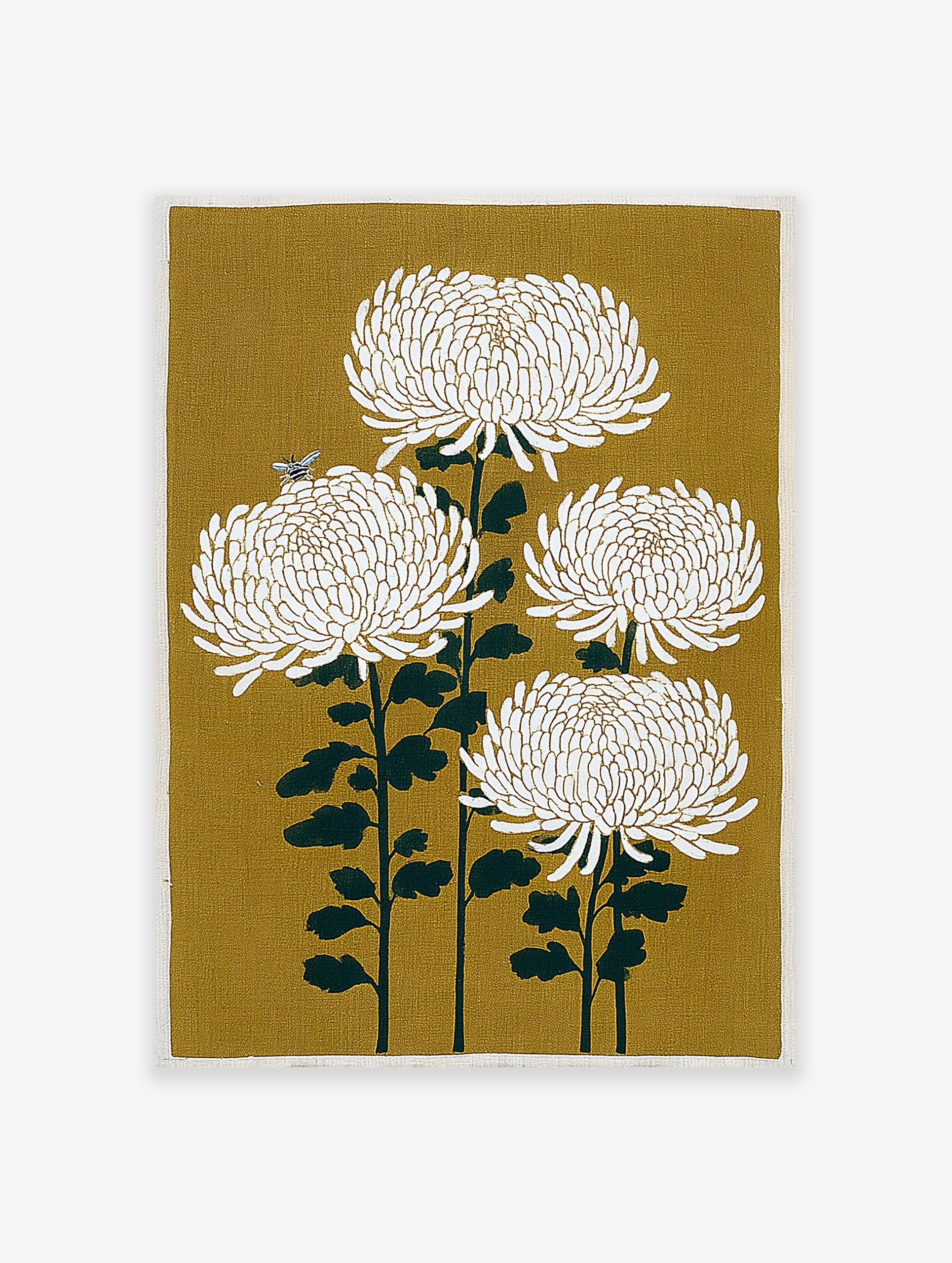 Four white chrysanthemum flowers on dark green stems with a bee on a mustard yellow background. Japanese botanical wall art print.