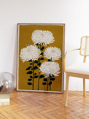 Four white chrysanthemum flowers on dark green stems with a bee on a mustard yellow background. Japanese botanical wall art print. - Image 2