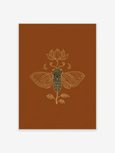 Ornate golden line art illustration of a cicada and lotus flower on a rich brown background
