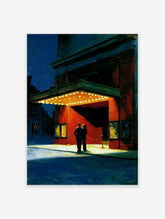 Cinema poster of a couple under a lit marquee at night, painted in Edward Hopper style with blue and red tones