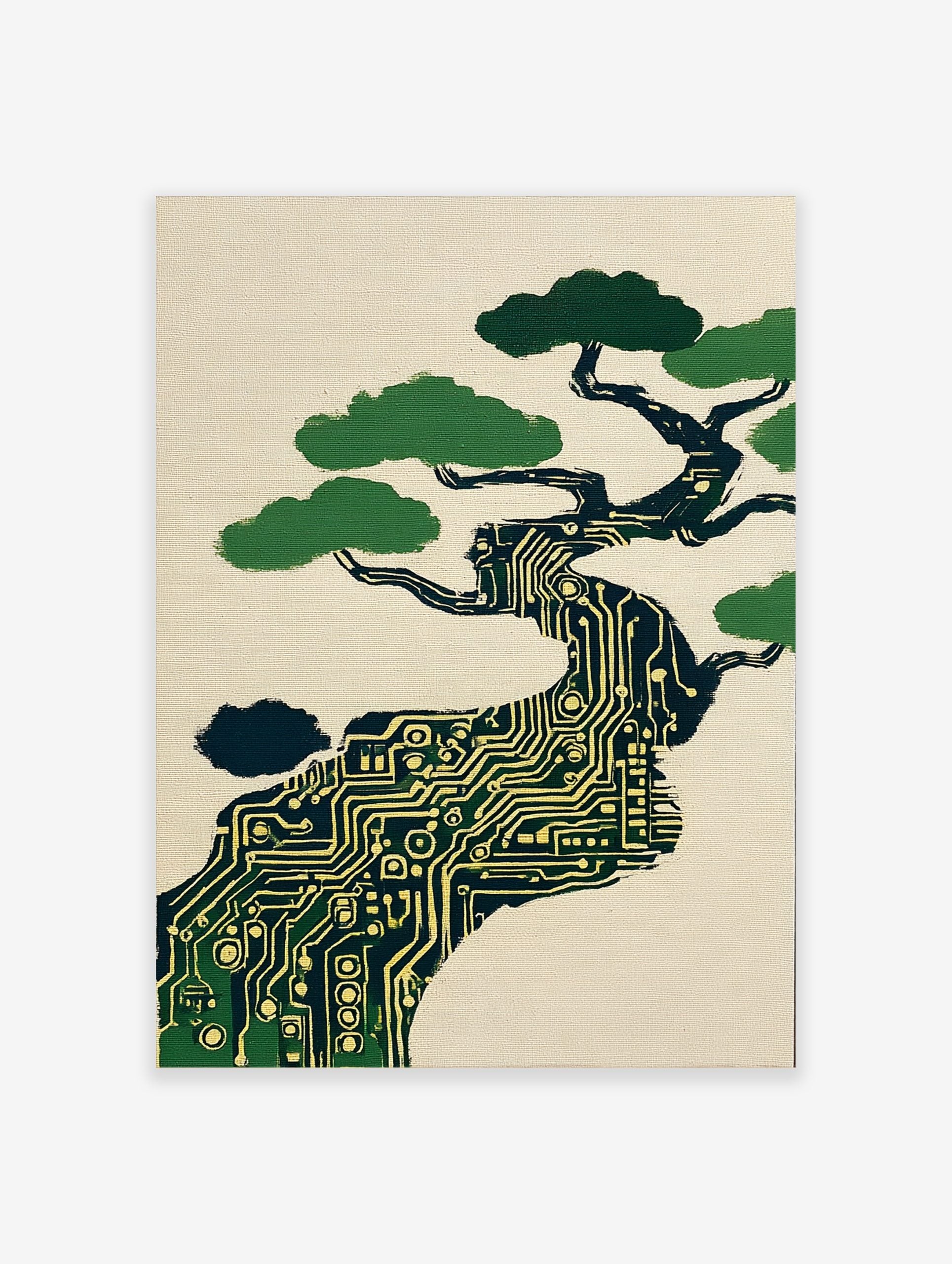 Illustrative circuit board bonsai tree art print with green foliage on a cream background in portrait orientation