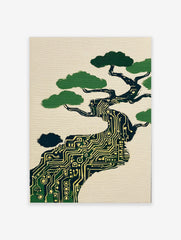 Illustrative circuit board bonsai tree art print with green foliage on a cream background in portrait orientation