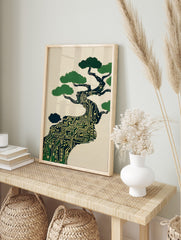 Illustrative circuit board bonsai tree art print with green foliage on a cream background in, in an alternate framed mockup