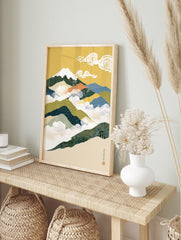 Circuit board mountain landscape wall art with Japanese style clouds and gold background, in an alternate framed mockup