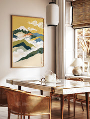 Circuit board mountain landscape wall art with Japanese style clouds and gold background, in a styled room mockup