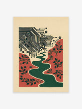Circuit board wall art with green lines, a reddish-orange landscape, a winding green river, and botanical vines.