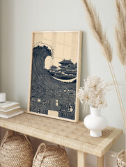 Illustrative print of a large ocean wave made of circuit board patterns next to Japanese, in an alternate framed mockup