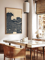 Illustrative print of a large ocean wave made of circuit board patterns next to Japanese temples in, in a styled room mockup