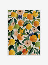Vibrant citrus fruit botanical painting with oranges, lemons, limes, and flowers on a textured cream background.
