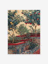 Vibrant citrus garden wall art with lemon and orange trees in patterned Moroccan tile planters against a warm wall.