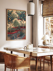 Vibrant citrus garden wall art with lemon and orange trees in patterned Moroccan tile planters against a warm wall. - Image 2