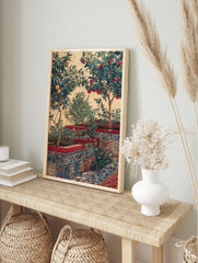 Vibrant citrus garden wall art with lemon and orange trees in patterned Moroccan tile planters against a warm wall. - Image 3