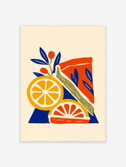 Citrus fruit illustration with orange slices, red berries, and green stems on a blue and cream background