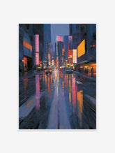 Vibrant cityscape painting of a rainy urban street at night with colorful reflections of neon lights and buildings.
