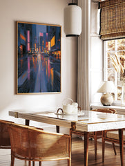 Vibrant cityscape painting of a rainy urban street at night with colorful reflections of neon lights and buildings. - Image 2
