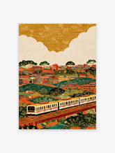 Vibrant cityscape train wall art illustration with buildings, green hills, trees, and a white train on elevated tracks.