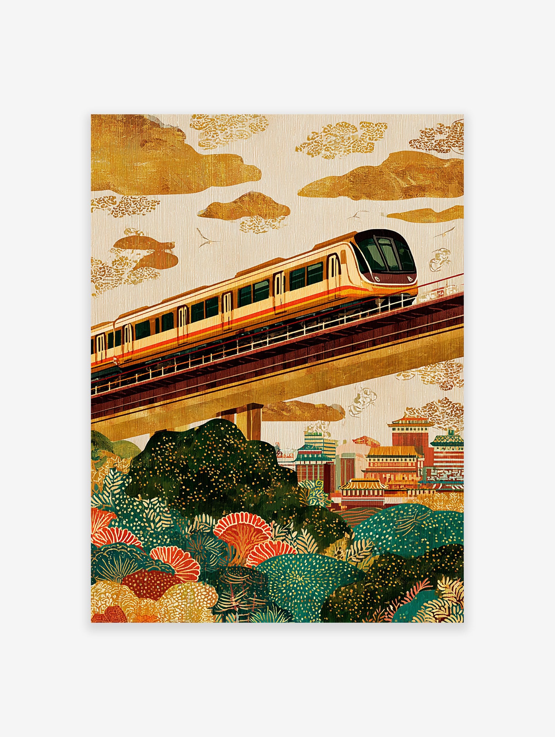 Illustrated cityscape wall art showing an elevated train passing over an Asian city with traditional buildings and green foliage.