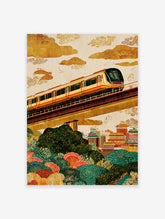 Illustrated cityscape wall art showing an elevated train passing over an Asian city with traditional buildings and green foliage.