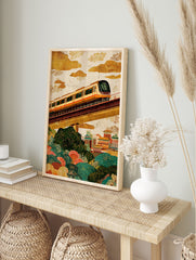 Illustrated cityscape wall art showing an elevated train passing over an Asian city with traditional buildings and green foliage. - Image 3