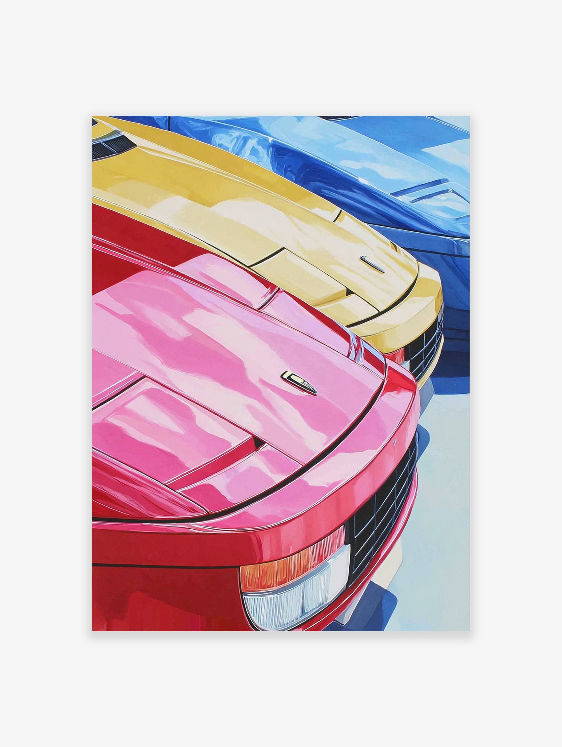 Poster of three classic sports cars in red, yellow, and blue, viewed from the front-side angle showing headlights and grilles.