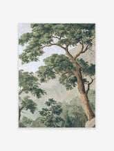 Classic illustrative tree landscape print with dense green foliage, brown trunks, and hazy mountains
