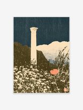 Classical column poster with cream wildflowers, coral poppy, and deep blue sky