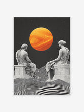 Classical Statues Poster showing two ancient figures gazing at a large orange planet over a wavy black and white landscape.