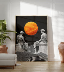 Classical Statues Poster showing two ancient figures gazing at a large orange planet over a wavy black and white landscape. - Image 3