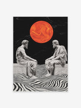 Classical Statues Poster showing two ancient figures, a vibrant orange swirling orb, and a black and white wavy pattern.