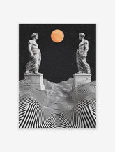 Classical Surreal Poster featuring two classical statues, a black and white striped landscape, starry sky, and an orange planet.