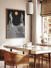 Classical Surreal Poster featuring two classical statues, a black and white striped landscape, starry sky, and an orange planet. - Image 2