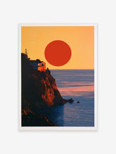 Minimalist cliffside house and ocean sunset art print with a large orange sun and blue sea
