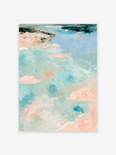 Pastel coastal abstract art print with aerial ocean view, paddleboarders, and peach and teal brushstrokes