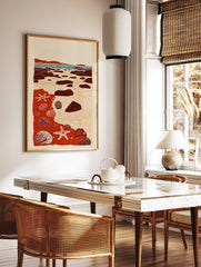 Coastal art print depicting a red beach scene with seashells, starfish, and rocks in a tide pool, illustrated style. - Image 2