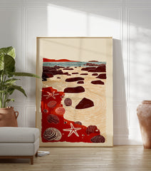 Coastal art print depicting a red beach scene with seashells, starfish, and rocks in a tide pool, illustrated style. - Image 3