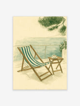 Illustrative coastal scene with striped deck chair, small table with coffee, and sea view from a balcony