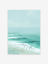 Modern coastal beach poster showing a serene ocean scene with teal waves, sand, and small figures of surfers.